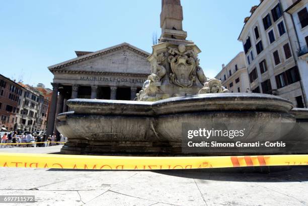 The Fountain of the Pantheon at Piazza della Rotonda is cordoned off with yellow tape on June 19, 2017 in Rome, Italy. The cordon was set up by local...