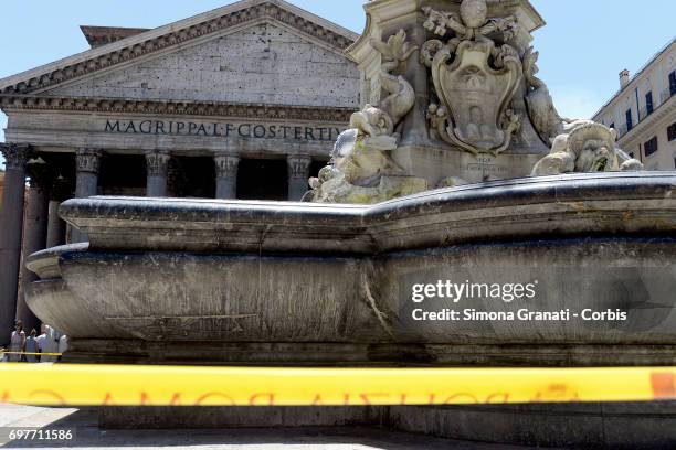 The Fountain of the Pantheon at Piazza della Rotonda is cordoned off with yellow tape on June 19, 2017 in Rome, Italy. The cordon was set up by local...