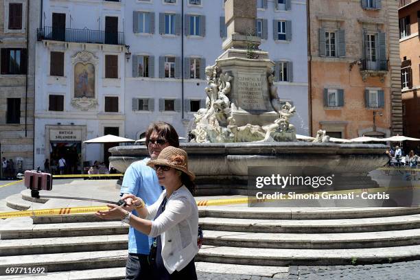 The Fountain of the Pantheon at Piazza della Rotonda is cordoned off with yellow tape on June 19, 2017 in Rome, Italy. The cordon was set up by local...