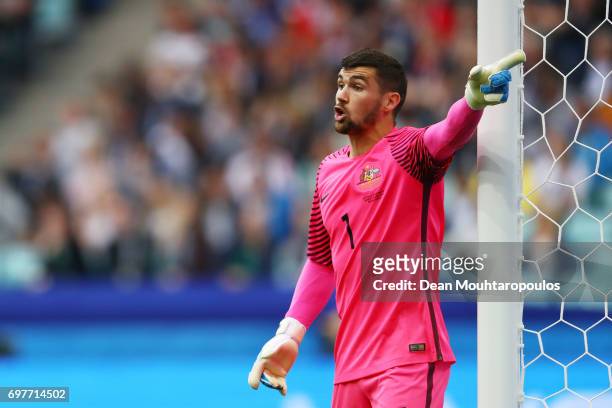 Ryan Maty of Australia gives his team instructions during the FIFA Confederations Cup Russia 2017 Group B match between Australia and Germany at...