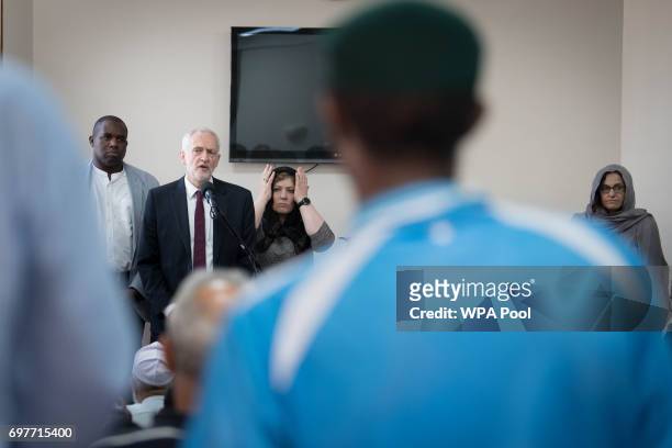 Labour leader Jeremy Corbyn talks to worshippers and local residents at Finsbury Park Mosque on June 19, 2017 in London, England. Worshippers were...
