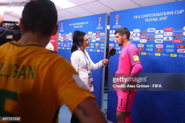 Ryan Maty of Australia is interviewed after the FIFA Confederations Cup Russia 2017 Group B match between Australia and Germany at Fisht Olympic...