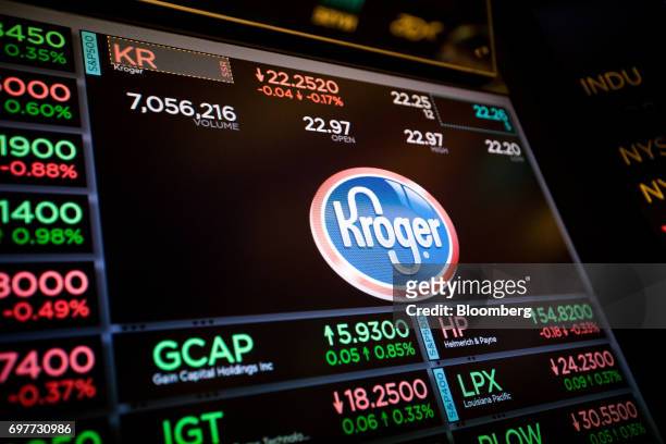Monitor displays Kroger Co. Signage on the floor of the New York Stock Exchange in New York, U.S., on Monday, June 19, 2016. U.S. Stocks rose,...