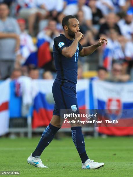 Nathan Redmond of England celebrates scoring his team's second goal during the UEFA European Under-21 Championship Group A match between Slovakia and...