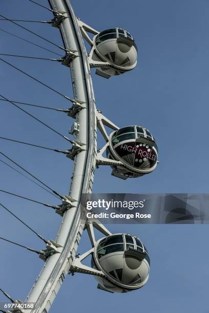 The High Roller observation Ferris wheel, located at The Linq Hotel & Casino, is viewed on May 31, 2017 in Las Vegas, Nevada. Tourism in America's...