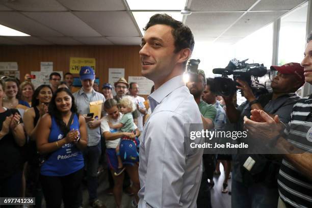 Democratic candidate Jon Ossoff visits a campaign office to thank volunteers and supporters as he runs for Georgia's 6th Congressional District on...