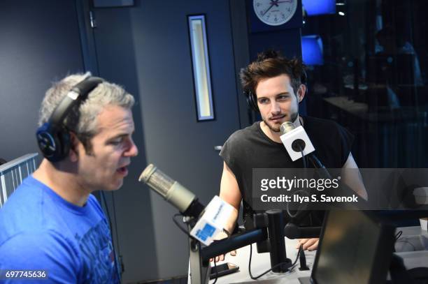 SiriusXM host Andy Cohen and Nico Tortorella pose for photos during a taping of 'Andy Cohen Live' on SiriusXM's Radio Andy at SiriusXM Studios on...