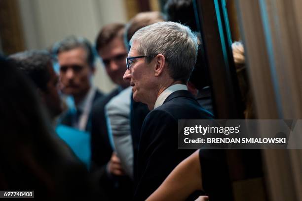 Tim Cook, CEO of Apple, arrives to hear Senior Advisor Jared Kushner speak during an event with technology sector CEOs at the White House on June 19,...
