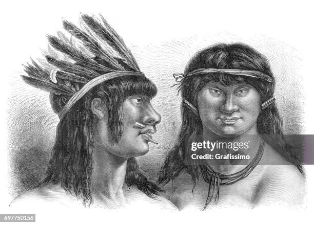 native americans of peru couple with headdress - indian costume stock illustrations