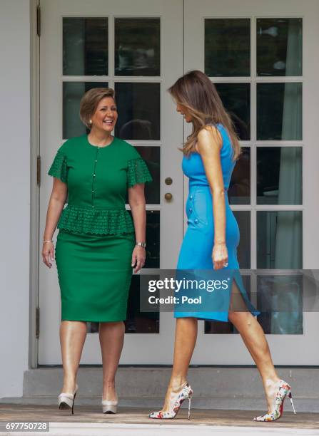 Lorena Castillo, Panama's President Juan Carlos Varela's wife, and first lady Melanie Trump stand outside the Oval Office after the arrival of...