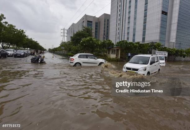 Waterlogging at Sector-48 after the heavy rainfall lashed Delhi and NCR on June 19, 2017 in Gurgaon, India. With just one night of rain, several...