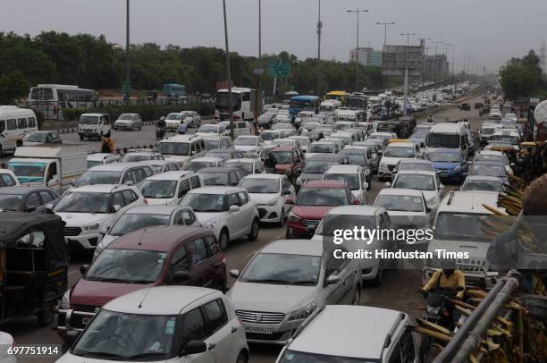 Due to construction work of underpass at Rajiv Chowk, Gurgaon traffic police divert the traffic causes traffic jam, on June 19, 2017 in Gurgaon,...