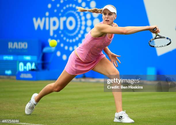 Noami Broady of Great Britain hits a backhand during the first round match against Alize Cornet of France on day 1 of the Aegon Classic Birmingham at...