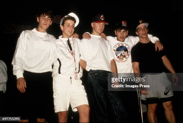 Jonathan Knight, Joey McIntyre, Donnie Wahlberg, Jordan Knight and Danny Wood at a New Kids On The Block promotional appearance circa 1989 in New...