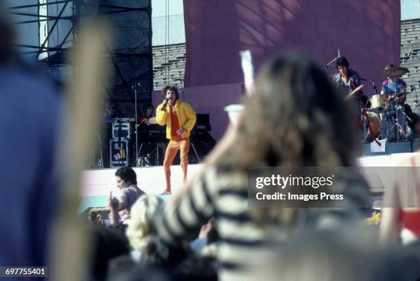 Mick Jagger of the Rolling Stones performing on stage during their concert at JFK Stadium circa 1981 in Philadelphia, Pennsylvania.