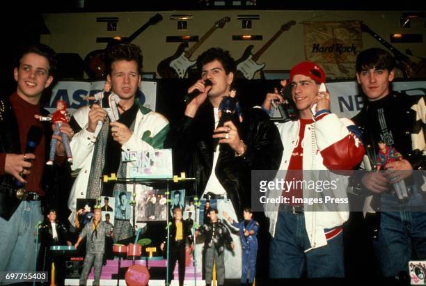 Joey McIntyre, Donnie Wahlberg, Jordan Knight, Danny Wood and Jonathan Knight at a New Kids On The Block promotional appearance circa 1989 in New...