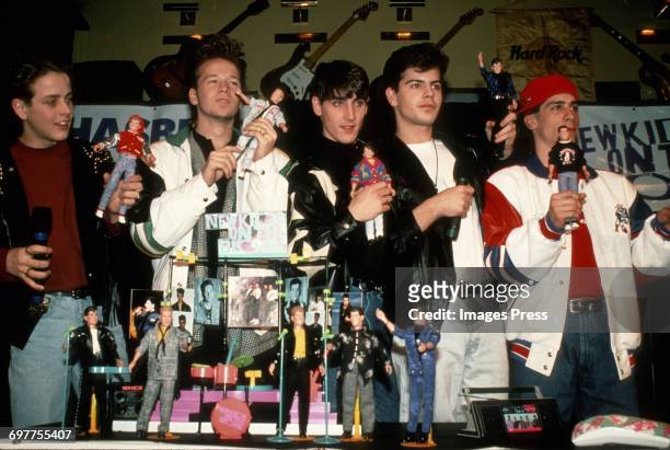 Joey McIntyre, Donnie Wahlberg, Jonathan Knight, Jordan Knight and Danny Wood at a New Kids On The Block promotional appearance circa 1989 in New...