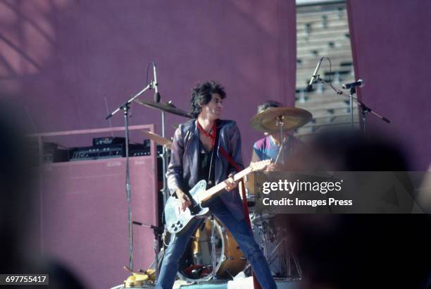 Keith Richards of the Rolling Stones performing on stage during their concert at JFK Stadium circa 1981 in Philadelphia, Pennsylvania.