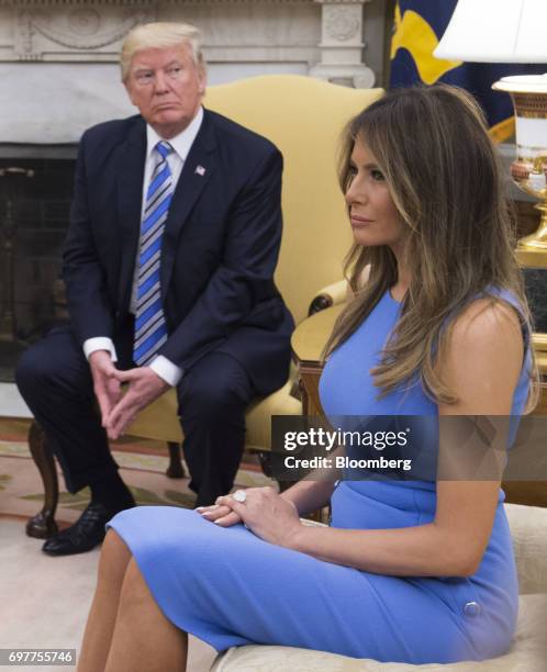 First Lady Melania Trump, right, and U.S. President Donald Trump sit during a meeting with Juan Carlos Varela, Panama's president, and Lorena...