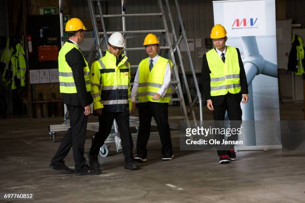 Crown Prince Naruhito of Japan during his visit to at MHI Vestas Offshore Wind where he is shown the large nacelle generator on June 19 Odense,...
