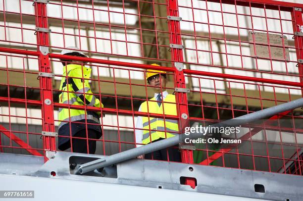 Crown Prince Naruhito of Japan on the top of MHI Vestas Offshore Wind 9 MW windmill where he is shown the large nacelle generator on June 19 Odense,...