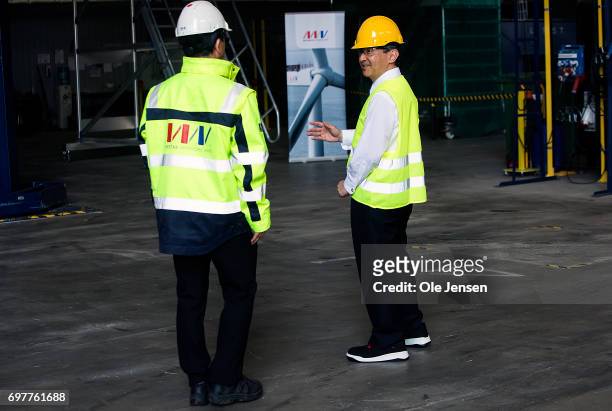 Crown Prince Naruhito of Japan during his visit to at MHI Vestas Offshore Wind where he is shown the large nacelle generator on June 19 Odense,...