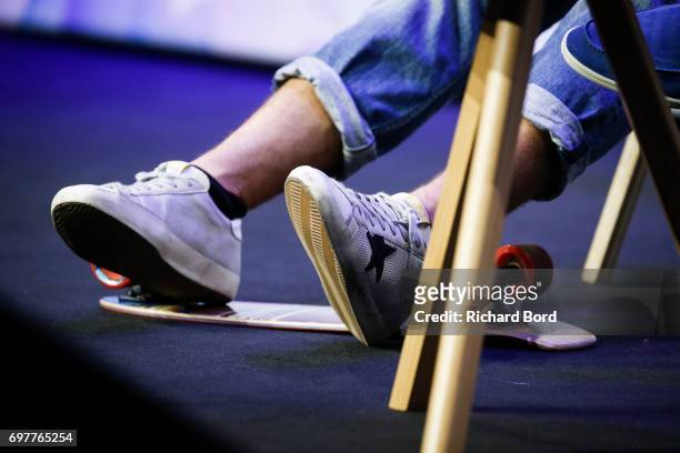 Shoe detail of Vlogger and Co-Founder of Beme Casey Nestat speaks during the Cannes Lions Festival 2017 on June 19, 2017 in Cannes, France.