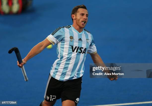 Lucas Vila of Argentina celebrates after scoring his team's third goal during the Pool A match between Argentina and China on day five of Hero Hockey...