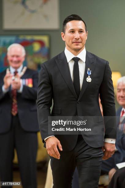 Hockey player Jordin Tootoo is awarded the Meritorious Service Medal at Rideau Hall on June 19, 2017 in Ottawa, Canada.