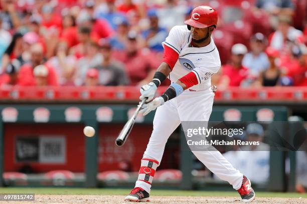 Arismendy Alcantara of the Cincinnati Reds in action against the Los Angeles Dodgers at Great American Ball Park on June 18, 2017 in Cincinnati, Ohio.