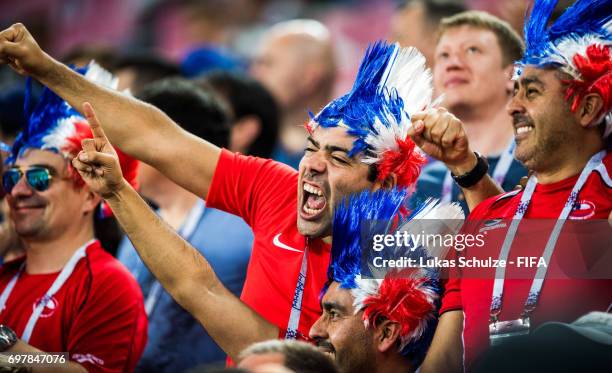 Fans of Chile celebrate during the FIFA Confederations Cup Russia 2017 Group B match between Cameroon and Chile at Spartak Stadium on June 18, 2017...