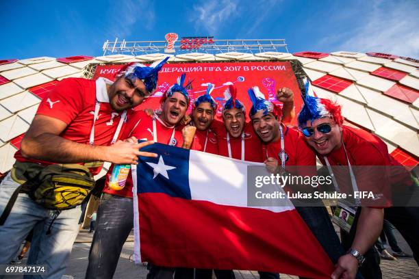 Fans of Chile celebrate prior to the FIFA Confederations Cup Russia 2017 Group B match between Cameroon and Chile at Spartak Stadium on June 18, 2017...