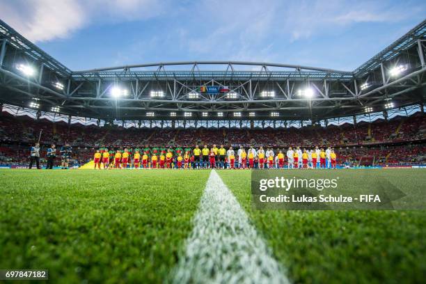 Both teams line up prior to the FIFA Confederations Cup Russia 2017 Group B match between Cameroon and Chile at Spartak Stadium on June 18, 2017 in...