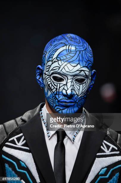 Model, beauty detail, walks the runway at the Frankie Morello show during Milan Men's Fashion Week Spring/Summer 2018 on June 19, 2017 in Milan,...