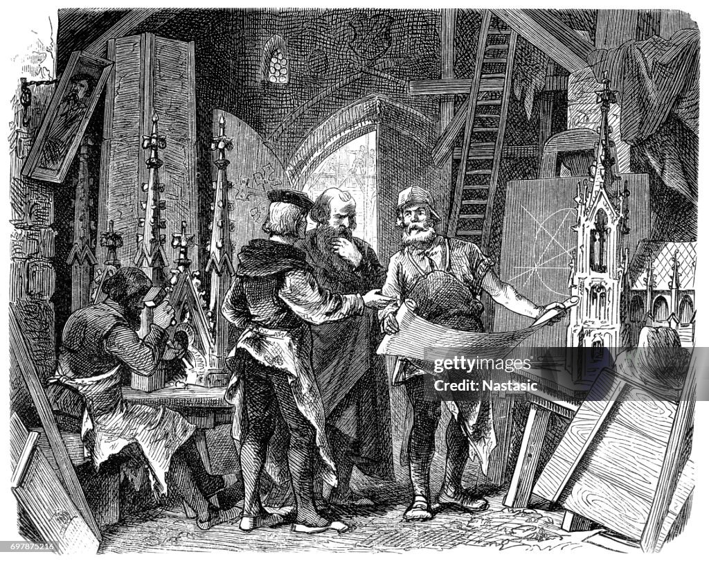 Architects and Craftsmen Designing a New Cathedral, 12th Century Europe