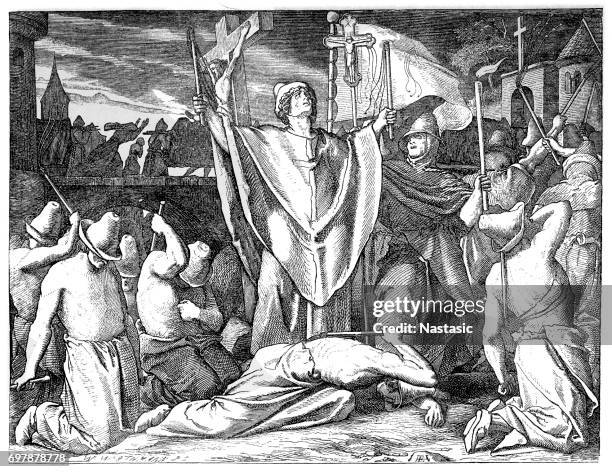 medieval flagellants praying for protection against the plague - epidemic stock illustrations