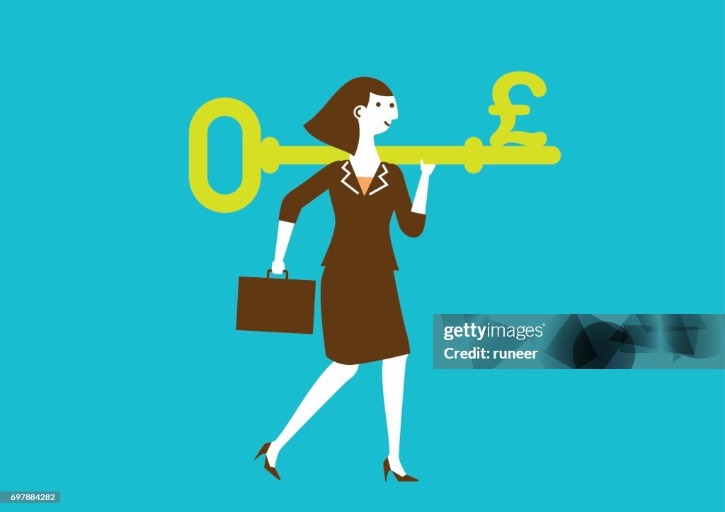 Businesswoman Carries a Key to Wealth (Pound) | New Business Concept