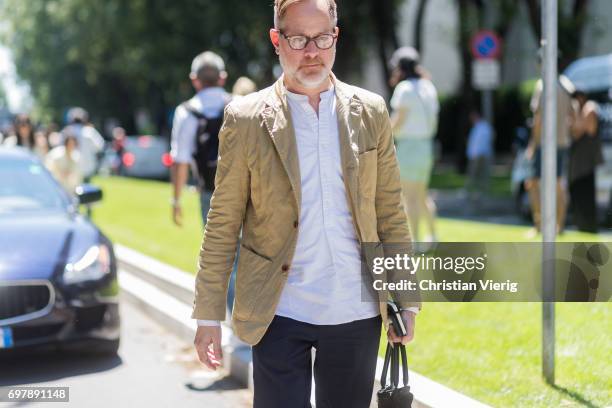 Bruce Pask is seen outside Armani during Milan Men's Fashion Week Spring/Summer 2018 on June 19, 2017 in Milan, Italy.