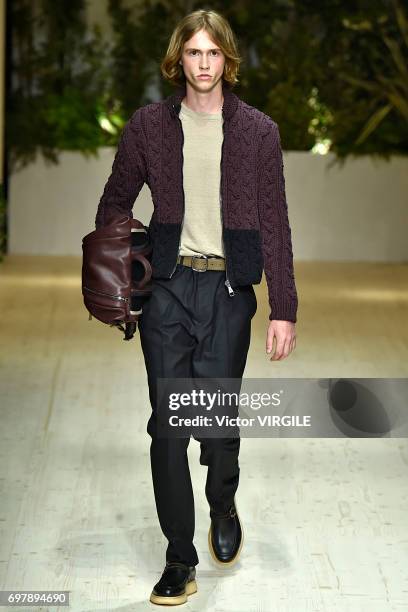 Model walks the runway at the Salvatore Ferragamo show during Milan Men's Fashion Week Spring/Summer 2018 on June 18, 2017 in Milan, Italy.