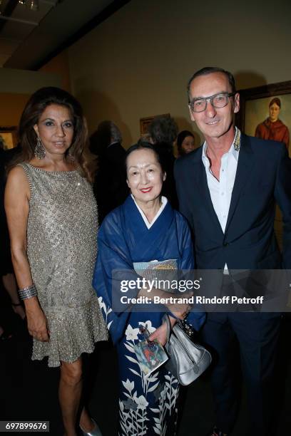 Kirat Young, Setsuko Klossowska De Rola and Bruno Frisoni attend the "Societe ses Amis du Musee d'Orsay" : Dinner Party at Musee d'Orsay on June 19,...