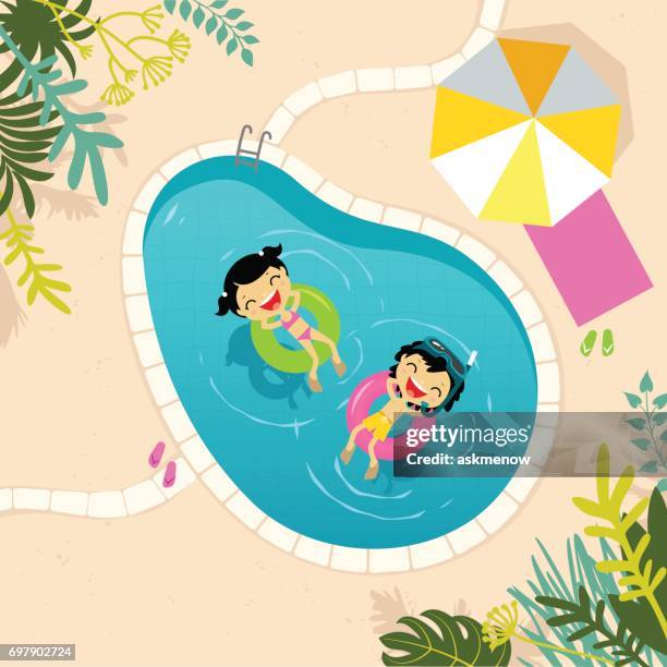 ilustraciones, imágenes clip art, dibujos animados e iconos de stock de dos niños relajantes en la piscina - fiesta de piscina