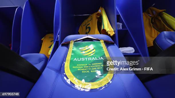 The pennant and the shirts worn by Australia team captain Mark Milligan are are hung in the dressing room prior to the FIFA Confederations Cup Russia...