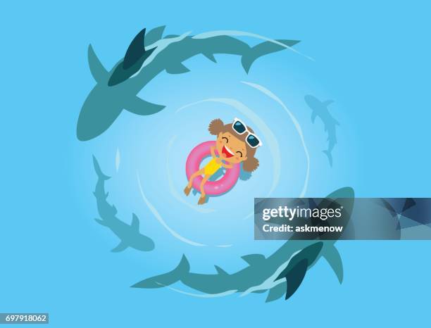 illustrazioni stock, clip art, cartoni animati e icone di tendenza di bambina e squali in mare - circondare