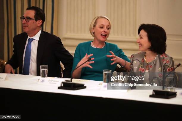 Treasury Secretary Steven Mnuchin, Accenture CEO Julie Sweet and Oracle Co-CEO Safra Catz visit before a meeting of the White House American...