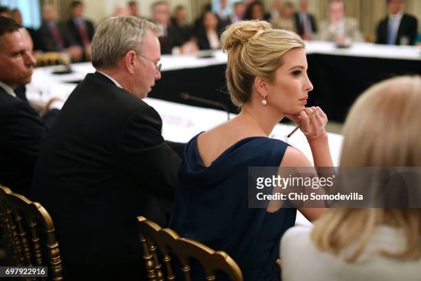 Ivanka Trump sits in between Alphabet Executive Chairman Eric Schmidt and IBM CEO Ginni Rometty during a meeting of the American Technology Council...