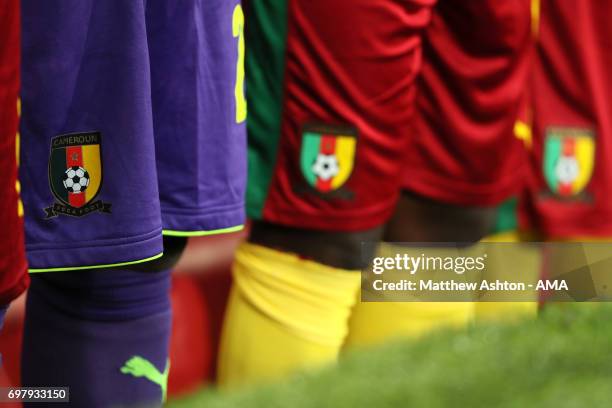 Cameroon badge on the shorts of the Cameroon team during the FIFA Confederations Cup Russia 2017 Group B match between Cameroon and Chile at Spartak...