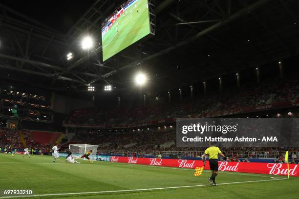 The assistant referee / linesman runs the line. A general view of The Spartak Stadium / Otkritie Arena, home of Spartak Moscow in Moscow, Russia. A...