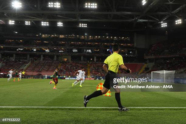 The assistant referee / linesman runs the line. A general view of The Spartak Stadium / Otkritie Arena, home of Spartak Moscow in Moscow, Russia. A...