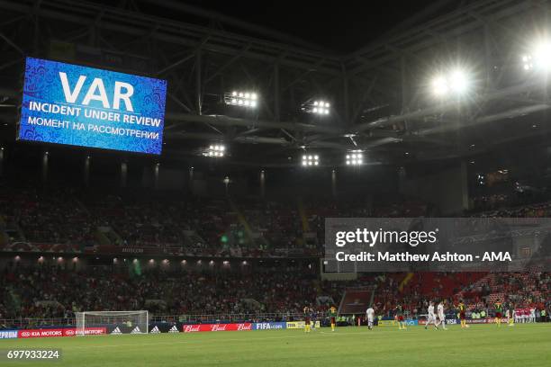 Video Incident Review during the game. A general view of The Spartak Stadium / Otkritie Arena, home of Spartak Moscow in Moscow, Russia. A host venue...