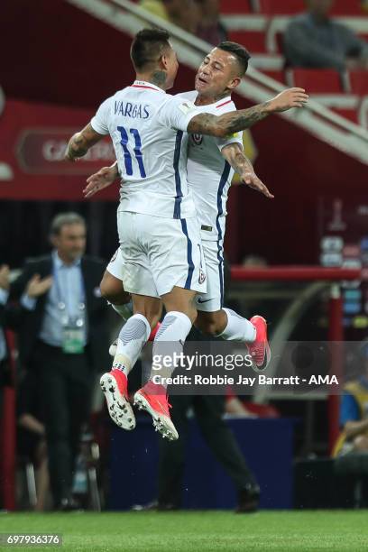 Eduardo Vargas of Chile celebrates after scoring a goal to make it 2-0 during the FIFA Confederations Cup Russia 2017 Group B match between Cameroon...